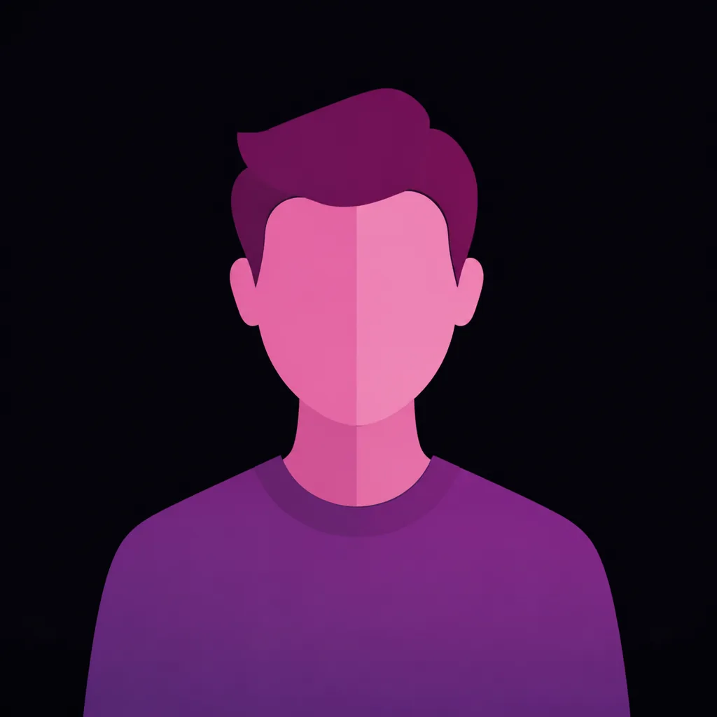 Flat geometric avatar in magenta and violet on a dark background