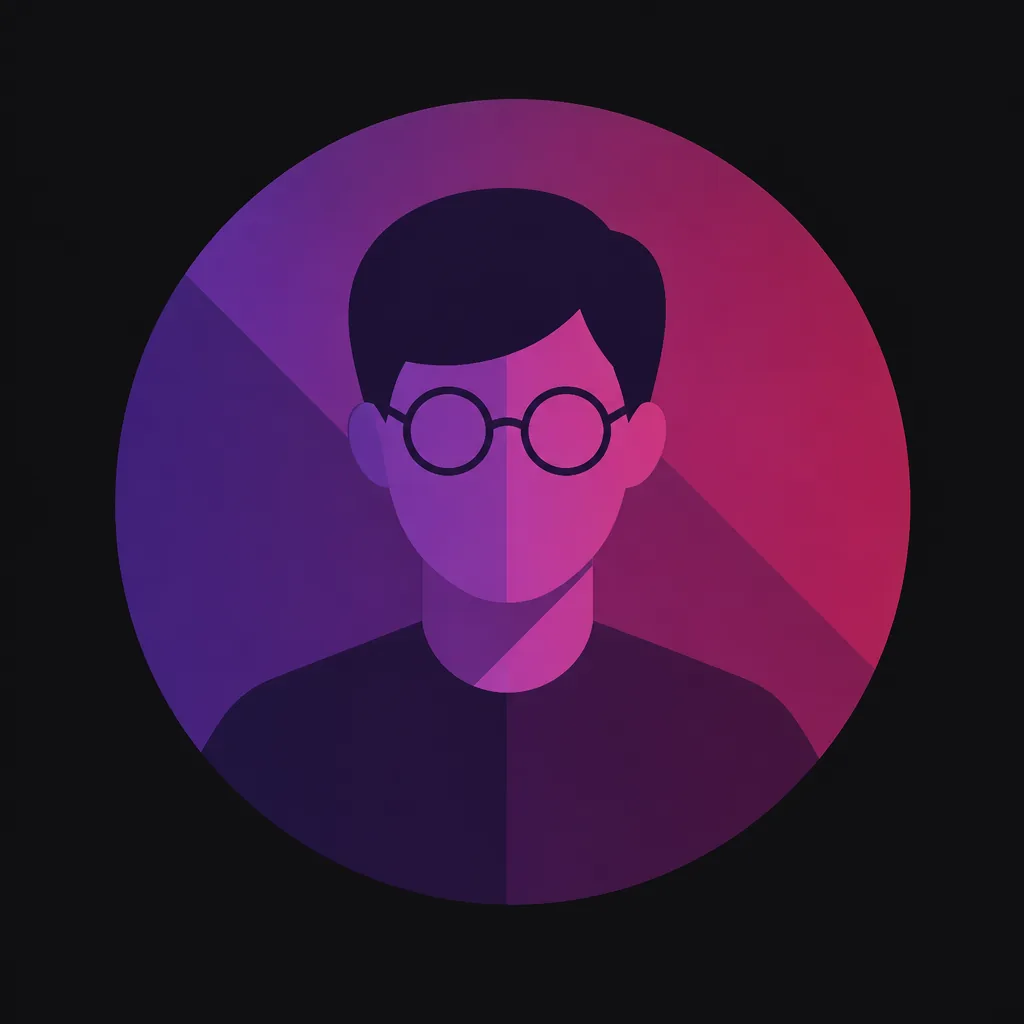 Flat geometric avatar of a person with round glasses in magenta and violet on a dark background