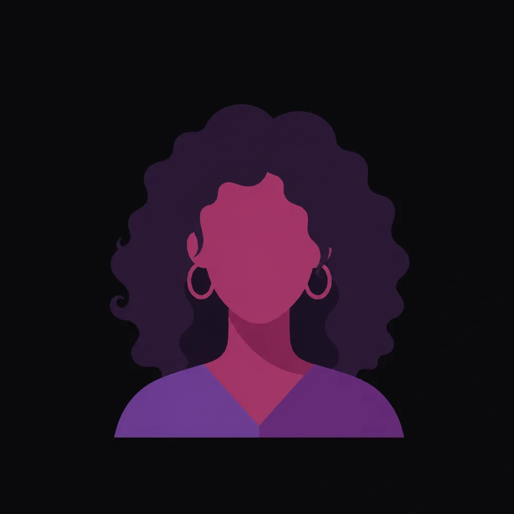 Flat geometric avatar of a person with curly hair in violet and magenta on a dark background