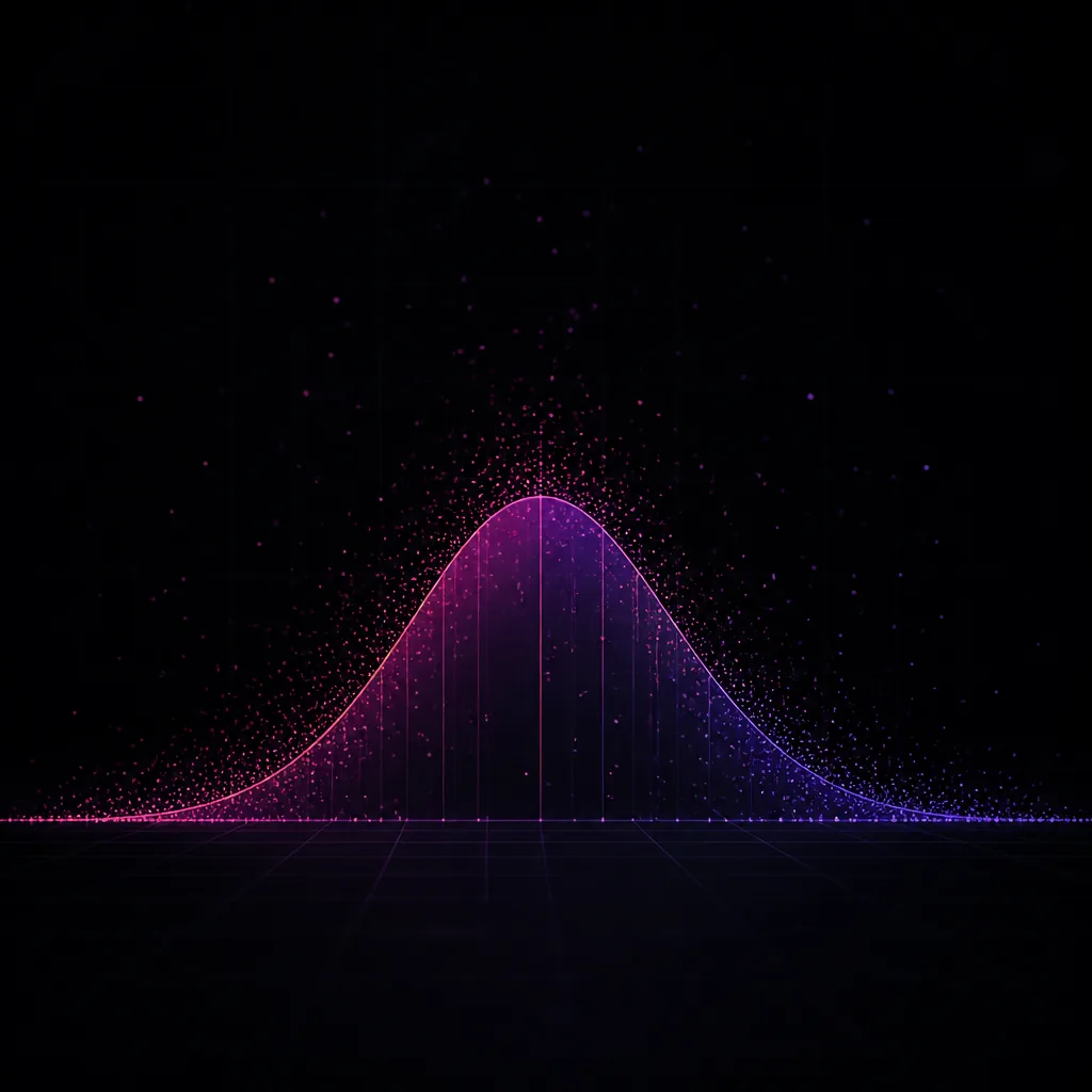 Dark abstract of magenta and violet data points settling toward a distribution curve with a shaded variance band